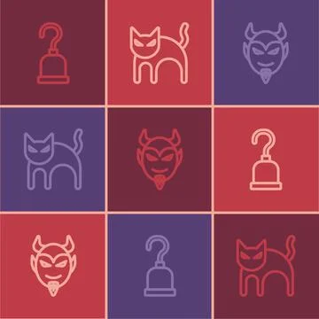 Set line Pirate hook, Devil head and Black cat icon. Vector 스톡 일러스트