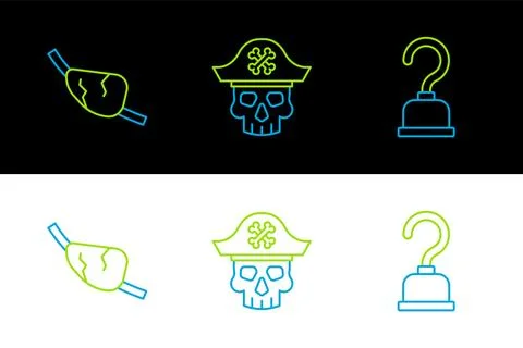 Set line Pirate hook, eye patch and captain icon. Vector 库存插图