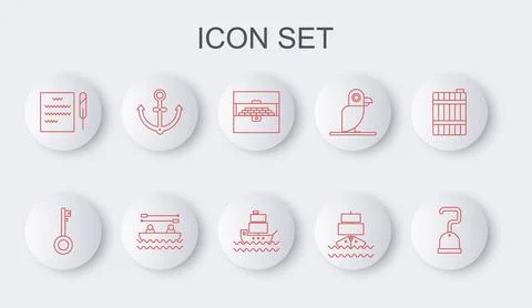 Set line Pirate hook, key, Antique treasure chest, Ship, Feather pen and scroll Stock Illustration