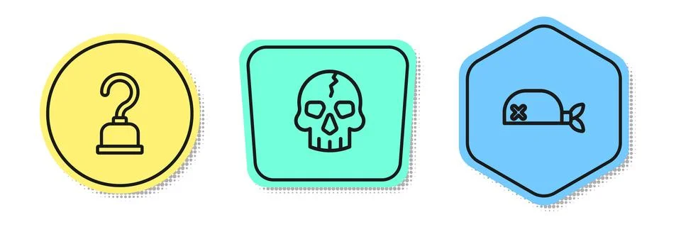 Set line Pirate hook, Skull and bandana for head. Colored shapes. Vector Stock Illustration