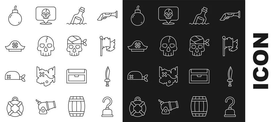 Set line Pirate hook, sword, flag, Bottle with message in water, Skull, hat Stock Illustration
