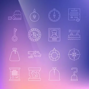 Set line Pirate hook, Wind rose, Boat with oars, Compass, coin, key, game dice Stock Illustration