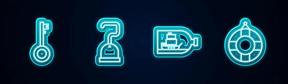 Set line Pirate key, hook, Bottle with ship inside and Lifebuoy. Glowing neon Stock Illustration