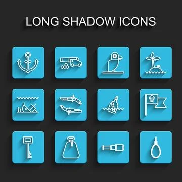 Set line Pirate key, sack, Anchor, Spyglass telescope lens, Gallows rope lo.. Stock Illustration