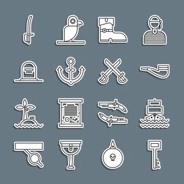 Set line Pirate key, Ship, Smoking pipe, Leather pirate boots, Anchor, Tomb.. Illustrazione stock