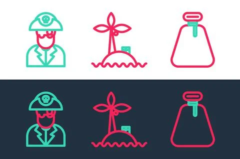 Set line Pirate sack, captain and Tropical island ocean icon. Vector Stock Illustration