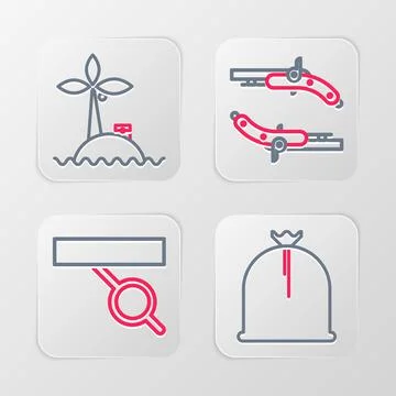 Set line Pirate sack, eye patch, Vintage pistols and Tropical island ocean icon Stock Illustration