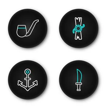 Set line Pirate sword, Anchor, Decree, parchment, scroll and Smoking pipe i.. Illustrazione stock