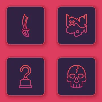Set line Pirate sword, hook, treasure map and Skull. Blue square button. Vector Stock Illustration