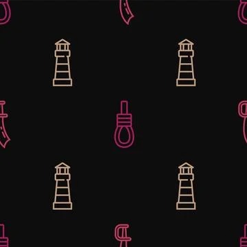 Set line Pirate sword, Lighthouse and Gallows rope loop hanging on seamless.. Illustrazione stock