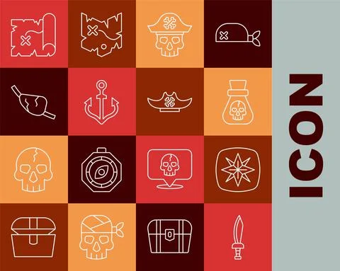 Set line Pirate sword, Wind rose, coin, captain, Anchor, eye patch, treasure map Stock Illustration