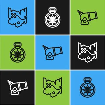 Set line Pirate treasure map, Cannon and Compass icon. Vector Stock Illustration