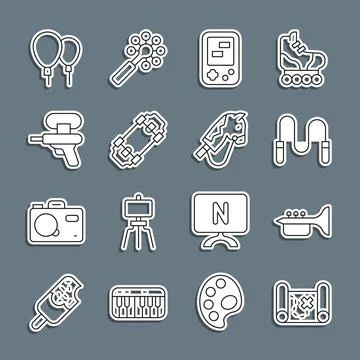 Set line Pirate treasure map, Trumpet, Jump rope, Tetris electronic game Stock Illustration
