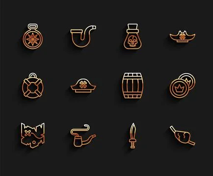 Set line Pirate treasure map, Smoking pipe, Compass, sword, eye patch, hat, coin Stock Illustration