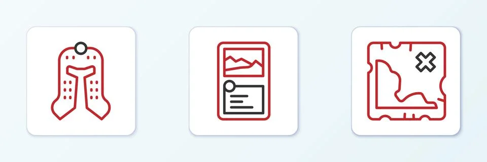 Set line Pirate treasure map, Medieval helmet and Card game collection icon 스톡 일러스트
