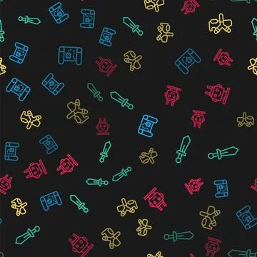 Set line Pirate treasure map, Sword toy, Slingshot and Robot on seamless pa.. Stock Illustration