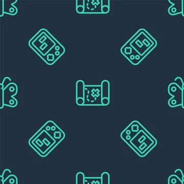 Set line Pirate treasure map, Tetris electronic game and Butterfly on seaml.. Stock Illustration