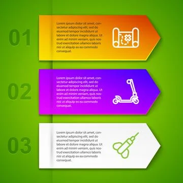 Set line Pirate treasure map, Roller scooter and Dart arrow. Business infog.. Stock Illustration