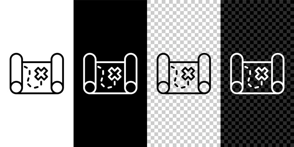 Set line Pirate treasure map icon isolated on black and white, transparent .. Stock Illustration