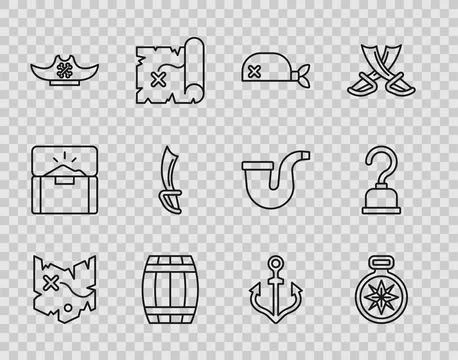 Set line Pirate treasure map, Compass, bandana for head, Wooden barrel, hat.. Stock Illustration