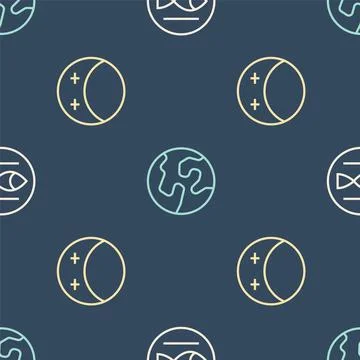 Set line Pisces zodiac, Eclipse of the sun and Earth globe on seamless pattern Illustrazione stock