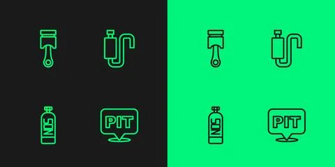 Set line Pit stop, Nitrous oxide, Engine piston and Car muffler icon. Vector Stock Illustration