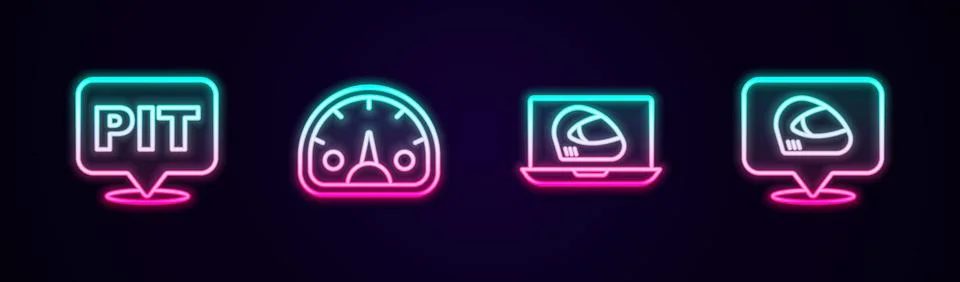 Set line Pit stop, Speedometer, Racing helmet and . Glowing neon icon. Vector Illustrazione stock