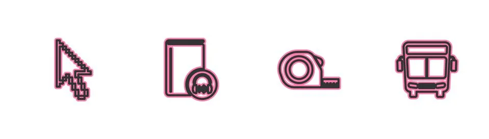 Set line Pixel arrow cursor, Roulette construction, Audio book and Bus icon Stock Illustration