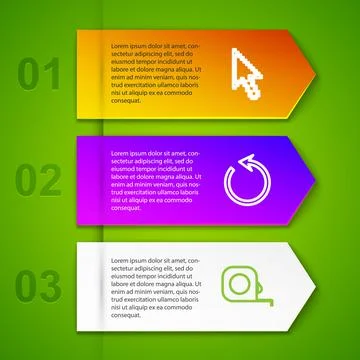 Set line Pixel arrow cursor, Refresh, Roulette construction and Triangular ruler Stock-Illustration