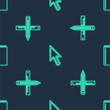 Set line Pixel arrow cursor, Crossed ruler and pencil and Book on seamless Stock Illustration