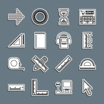 Set line Pixel arrow cursor, Protractor grid, Measuring height and length Stock Illustration