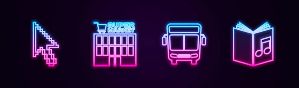 Set line Pixel arrow cursor, Supermarket building, Bus and Audio book. Glowing Stock Illustration