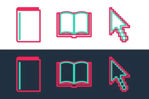 Set line Pixel arrow cursor, Book and Open book icon. Vector Stock Illustration