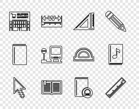 Set line Pixel arrow cursor, Ruler, Triangular ruler, Open book, Supermarke.. Stock Illustration