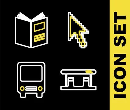 Set line Pixel arrow cursor, Gas filling station, Bus and Open book icon. V.. Illustrazione stock