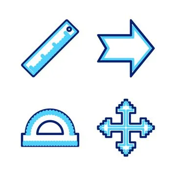 Set line Pixel arrows in four directions, Protractor grid, Arrow and Ruler icon Stock Illustration