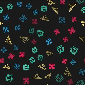 Set line Pixel arrows in four directions, Bus, Triangular ruler and  on seaml Illustrazione stock