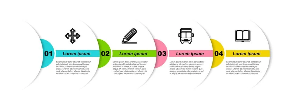 Set line Pixel arrows in four directions, Pencil and line, Bus and Open book. Stock Illustration