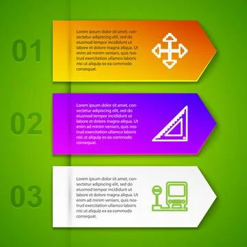 Set line Pixel arrows in four directions, Triangular ruler, Bus stop and Audi Stock Illustration