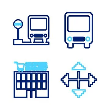 Set line Pixel arrows in four directions, Supermarket building, Bus and sto.. Stock Illustration