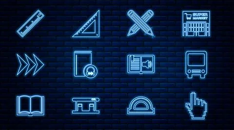 Set line Pixel hand cursor, Bus, Crossed pencil, Audio book, Arrow, Ruler, and Stock Illustration