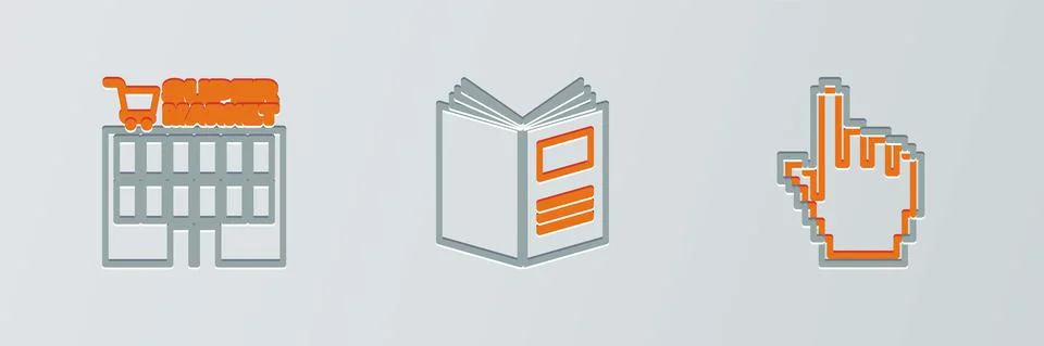 Set line Pixel hand cursor, Supermarket building and Open book icon. Vector 스톡 일러스트
