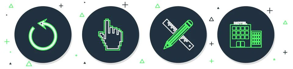Set line Pixel hand cursor, Crossed ruler pencil, Refresh and Hotel building Ilustración de archivo