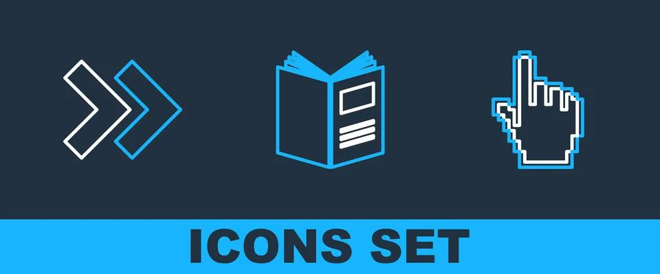 Set line Pixel hand cursor, Arrow and Open book icon. Vector 스톡 일러스트
