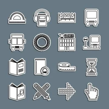 Set line Pixel hand cursor, Hourglass pixel, Bus stop, Measuring height length Ilustración de archivo