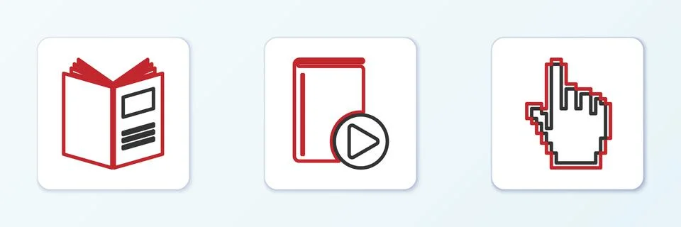Set line Pixel hand cursor, Open book and Audio icon. Vector 스톡 일러스트