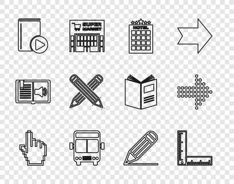 Set line Pixel hand cursor, Folding ruler, Hotel building, Bus, Audio book, C Illustrazione stock