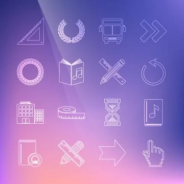 Set line Pixel hand cursor, Audio book, Refresh, Bus, Laurel wreath, Triangular Ilustración de archivo