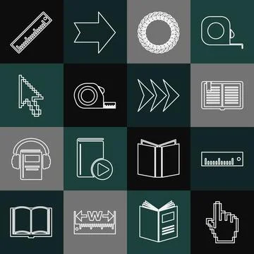 Set line Pixel hand cursor, Ruler, Open book, Laurel wreath, Roulette Illustrazione stock