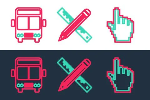 Set line Pixel hand cursor, Bus and Crossed ruler pencil icon. Vector Illustrazione stock